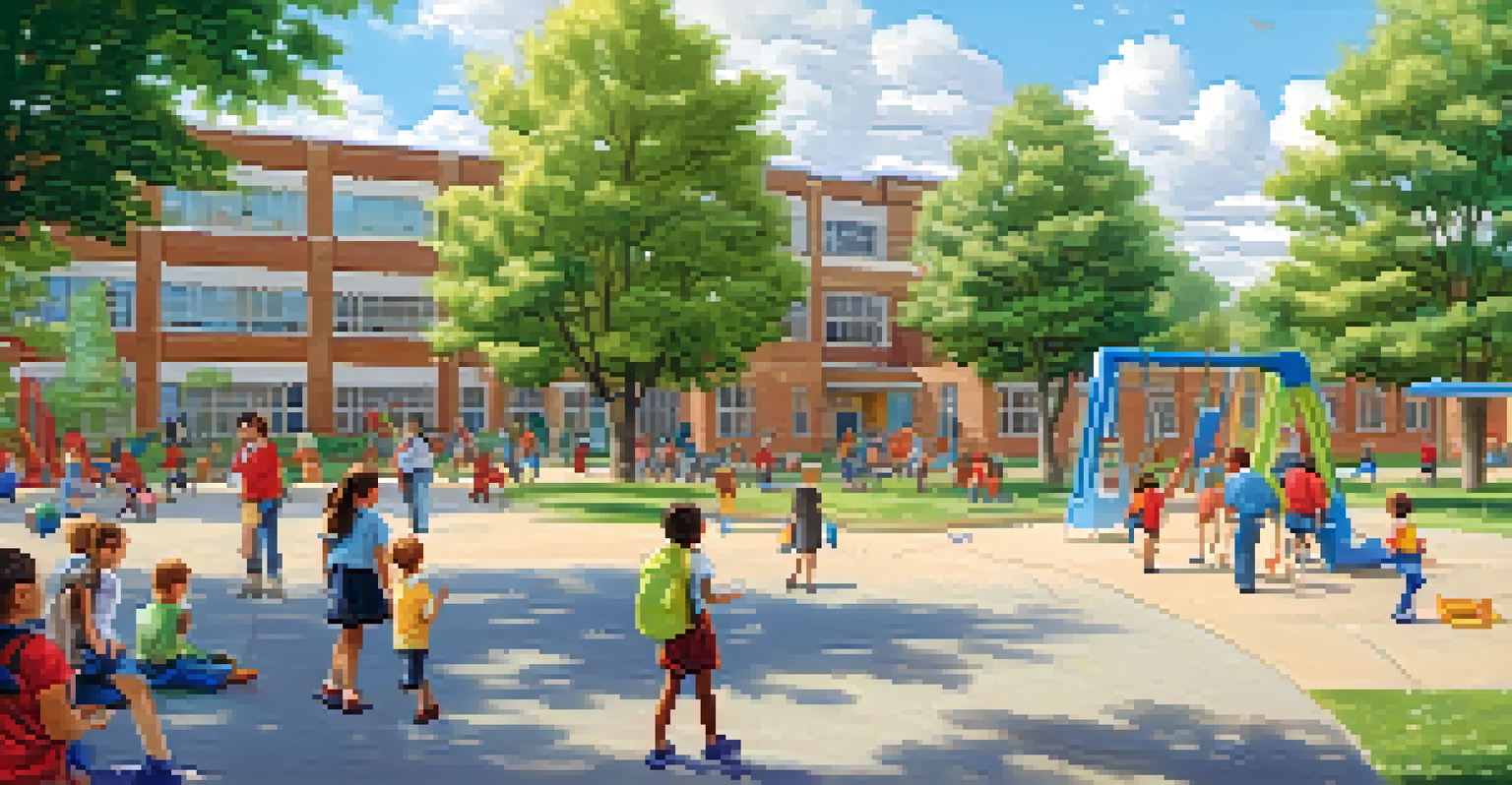 Students playing in a schoolyard during recess, with a well-maintained school building and playground equipment in the background.