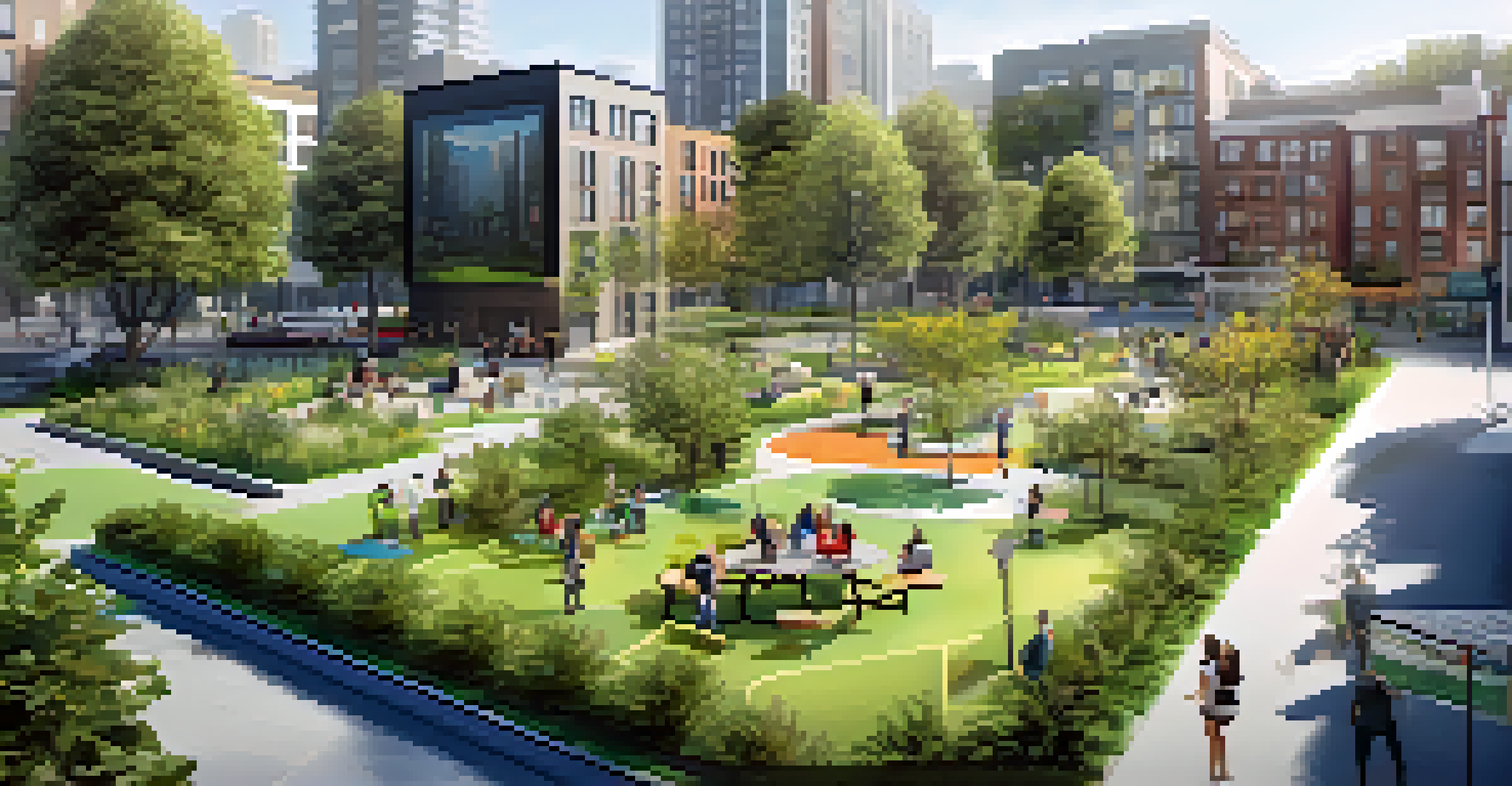 Residents engaging with an interactive digital model of a neighborhood park, using tablets and smartphones to give feedback.