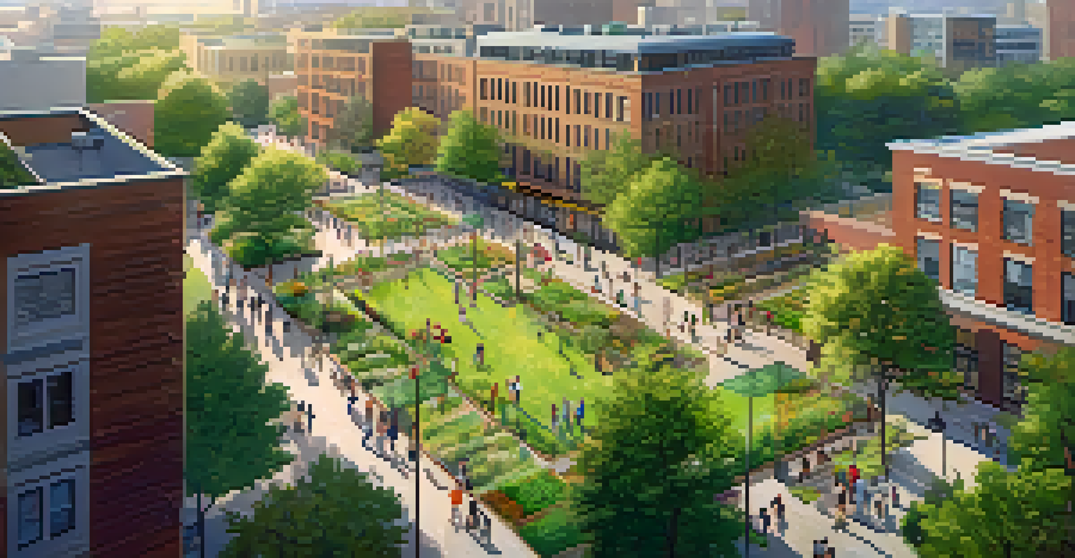 Aerial view of a vibrant urban area with a newly developed green space, featuring walking paths and community gardens, filled with diverse groups of people.