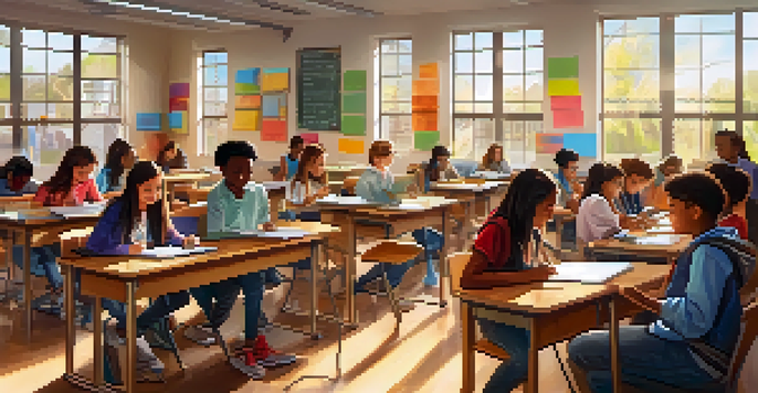 A bright classroom where students are using technology such as tablets and interactive whiteboards to engage in learning.
