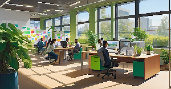 A vibrant startup office scene in Cupertino with diverse entrepreneurs collaborating around modern desks, bright sunlight, and green plants.