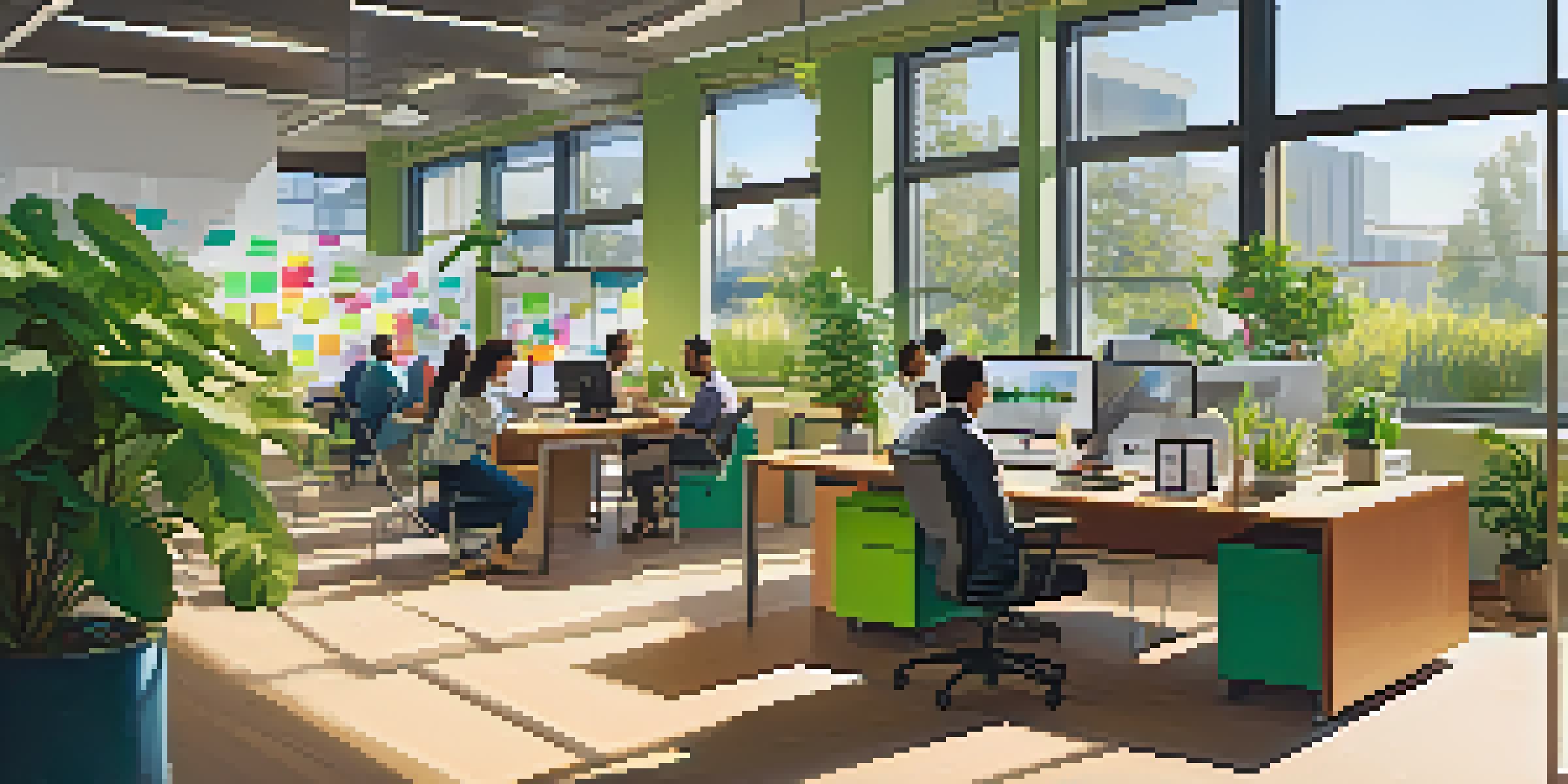 A vibrant startup office scene in Cupertino with diverse entrepreneurs collaborating around modern desks, bright sunlight, and green plants.