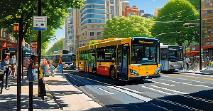 A vibrant city street filled with modern electric buses and light rail, diverse commuters, and a blend of contemporary and historical architecture under a clear blue sky.