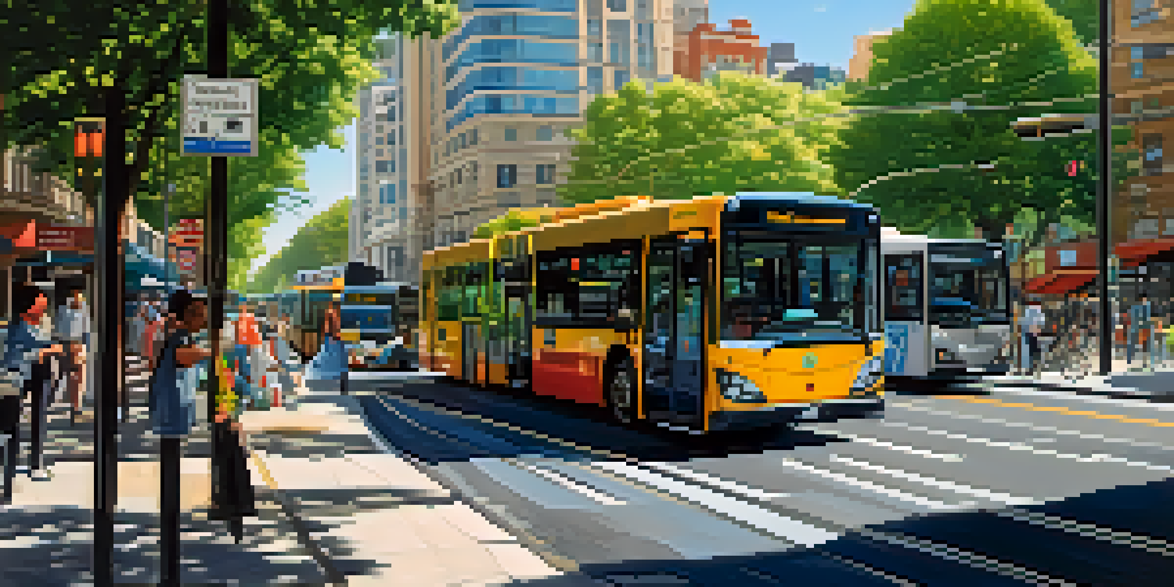 A vibrant city street filled with modern electric buses and light rail, diverse commuters, and a blend of contemporary and historical architecture under a clear blue sky.