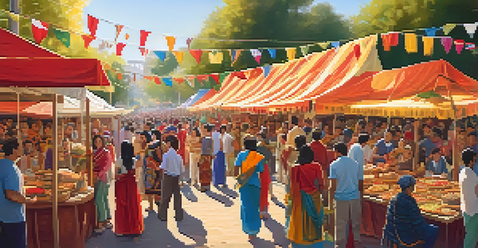 A colorful festival with diverse people celebrating, surrounded by food stalls and decorations under warm sunlight.