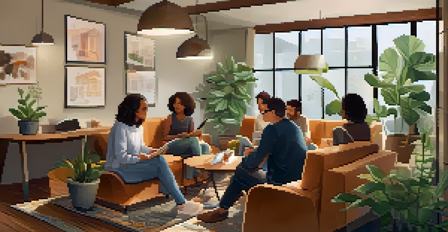 A cozy breakout session at a tech workshop with a small group of attendees engaged in discussion around a coffee table.