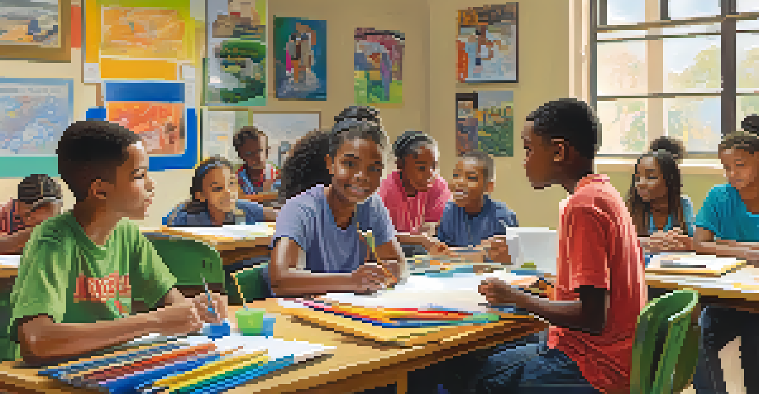 A mentor guiding young students in a classroom setting, discussing a community service project with art supplies around them.