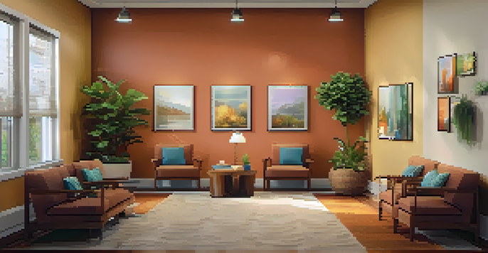 An inviting counseling center with soft lighting and comfortable seating, showing a counselor and client in conversation.