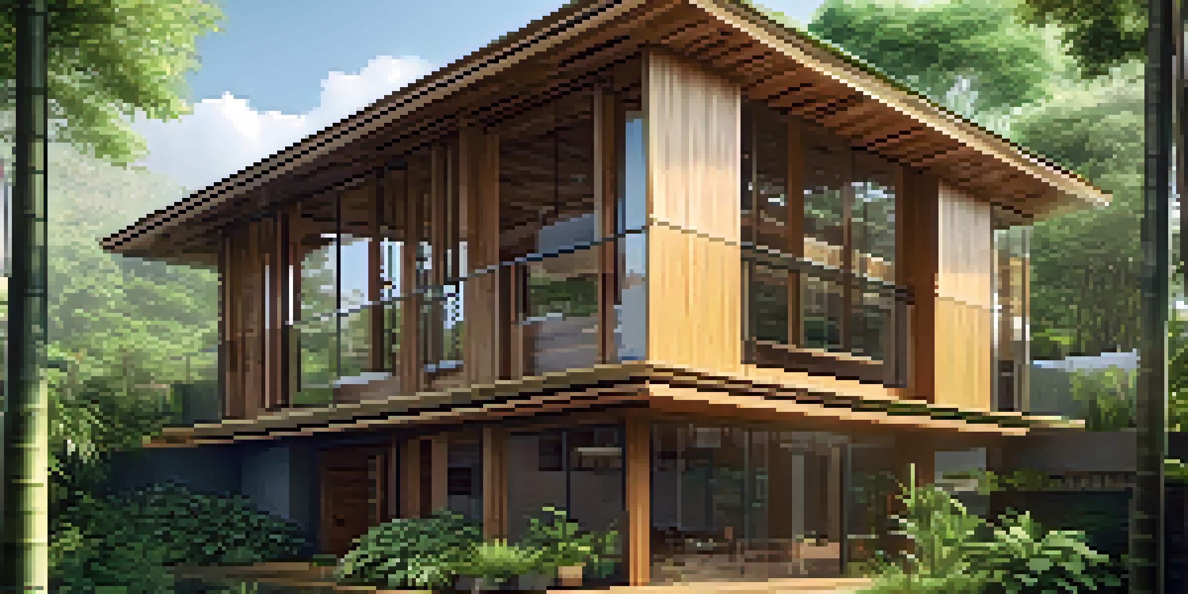 A sustainable building constructed from bamboo and reclaimed wood, with large windows and surrounded by greenery, illuminated by warm sunlight.