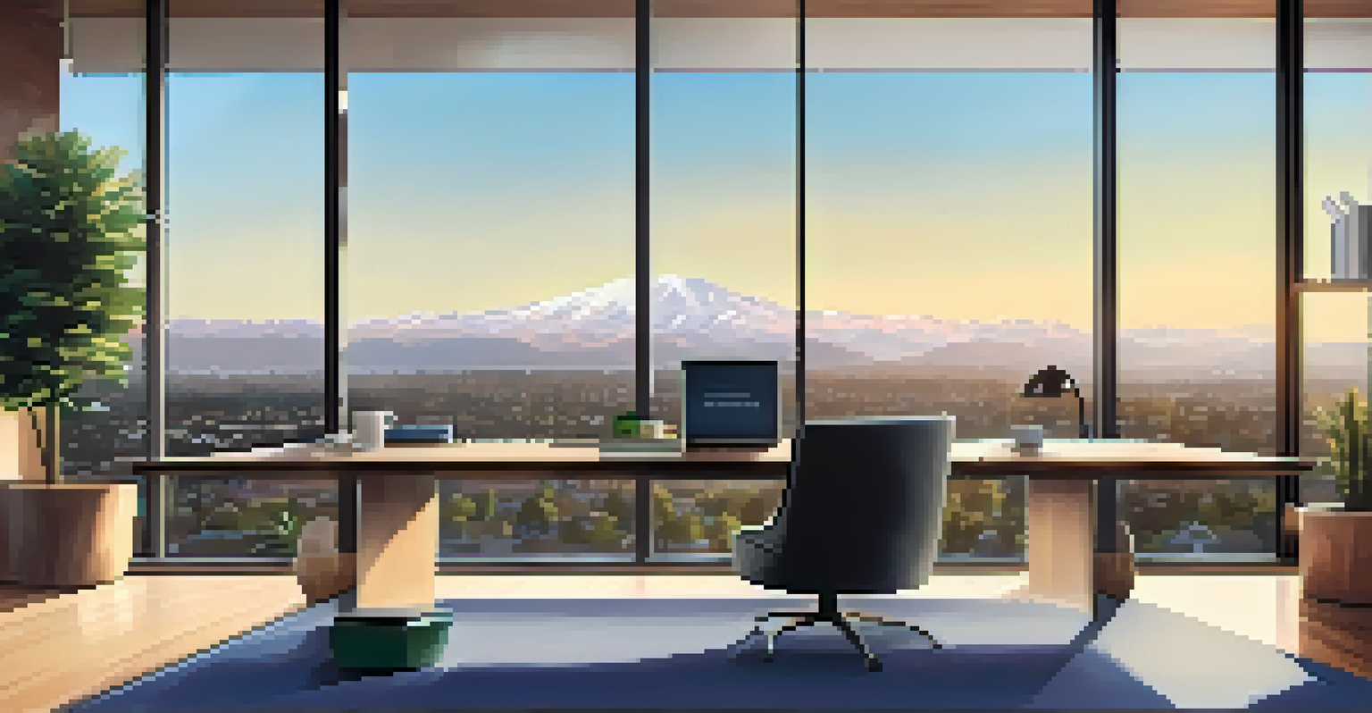 A modern tech startup workspace in Cupertino with a laptop, notepad, and coffee cup on a desk, and a skyline view through a large window.