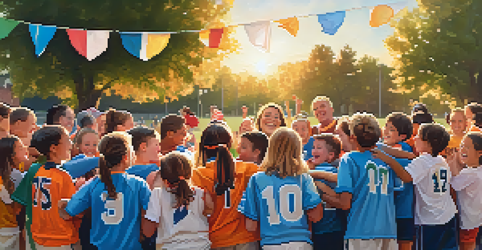 A youth sports team celebrating in a huddle with smiles and laughter, surrounded by supportive parents in a community park at sunset.