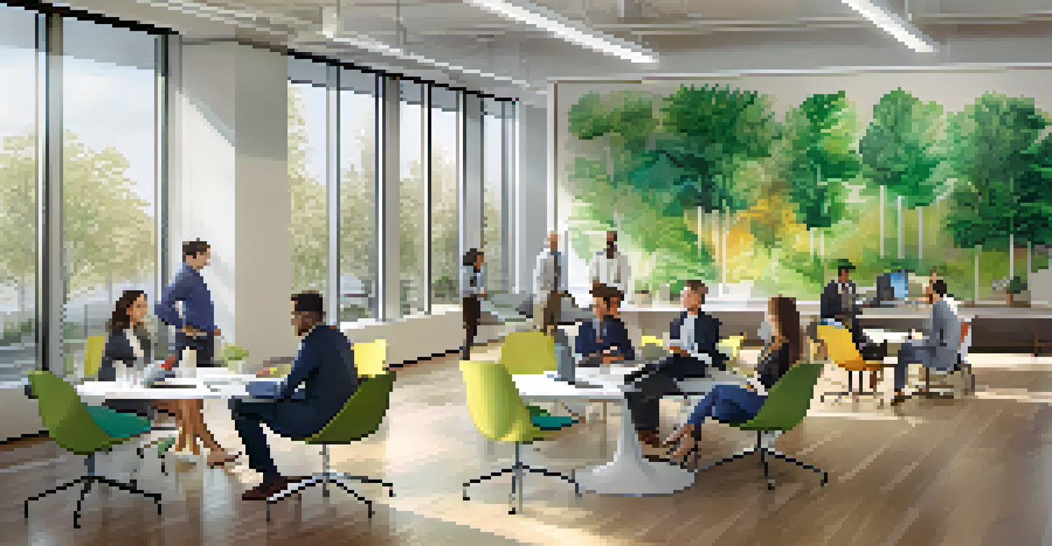 A diverse team working together in a bright, modern office with flexible seating.