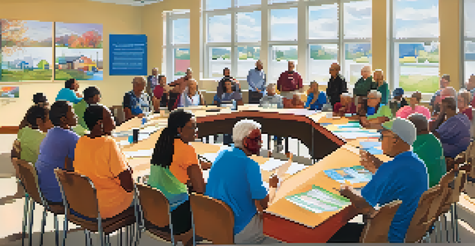 A community safety workshop with residents participating and discussing safety tips in a bright community center.