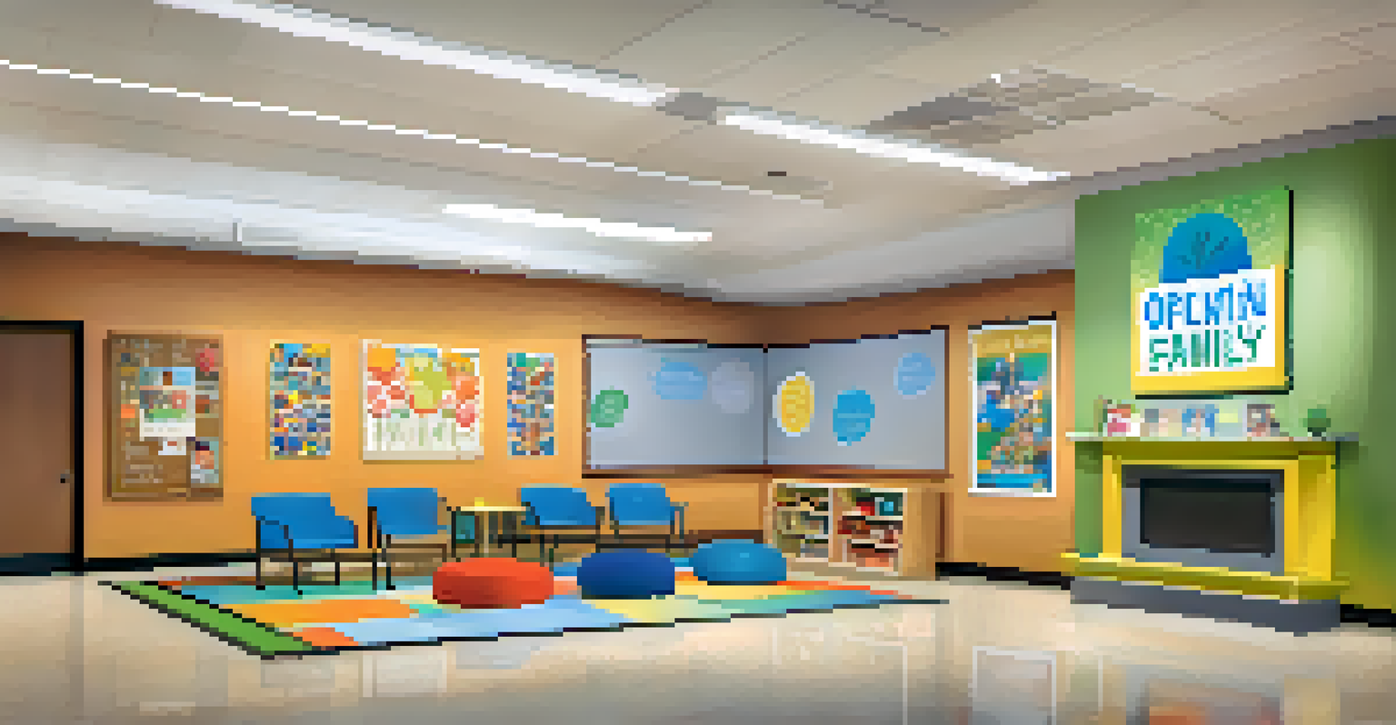 A warm and inviting school lobby decorated with student artwork and a welcoming sign, featuring a bulletin board with family engagement event information.