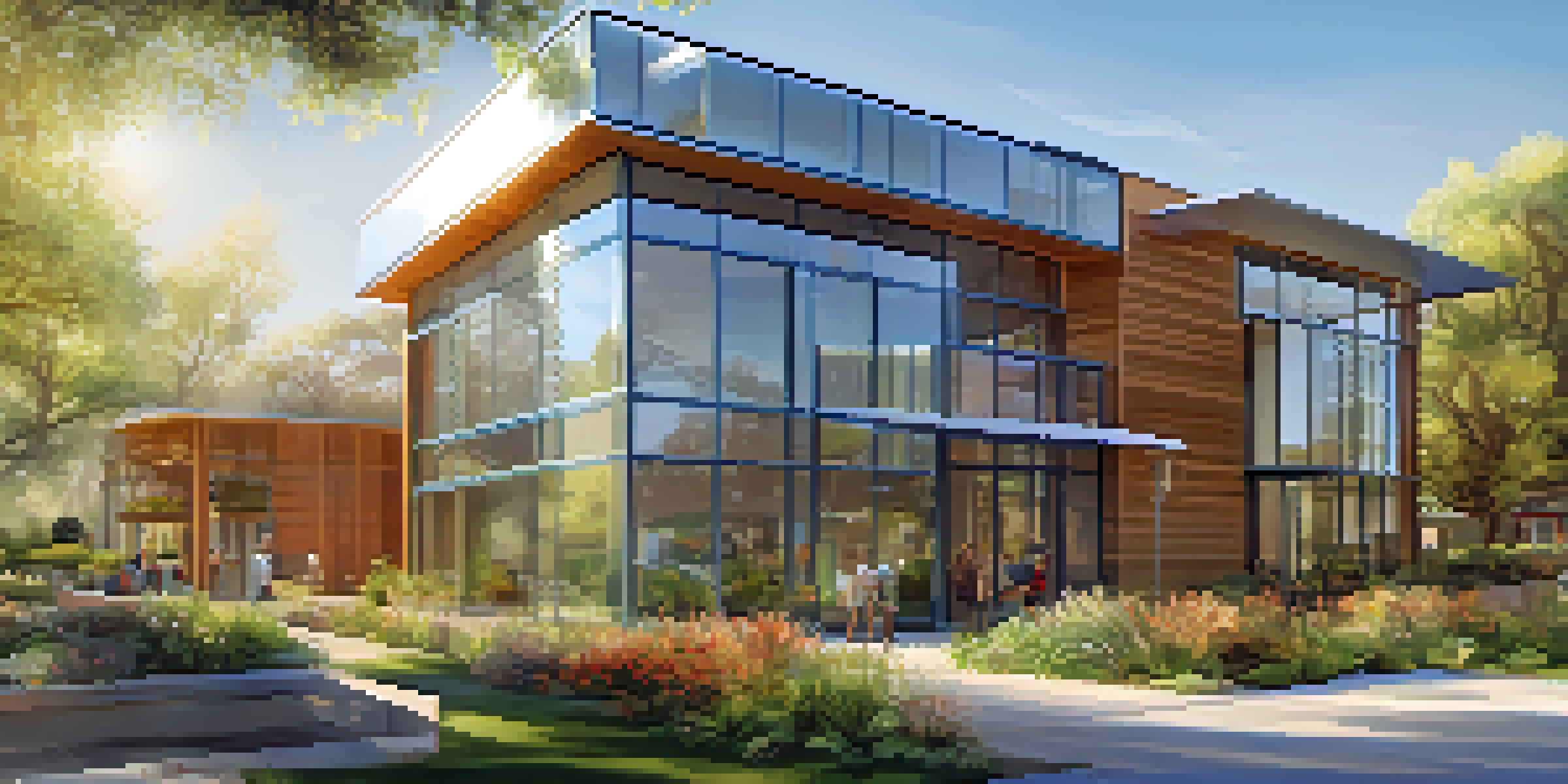 A modern eco-friendly building with solar panels, surrounded by green landscaping and community gardens under a clear blue sky.