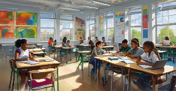 A diverse classroom with students collaborating on a science project, surrounded by educational tools and city views.