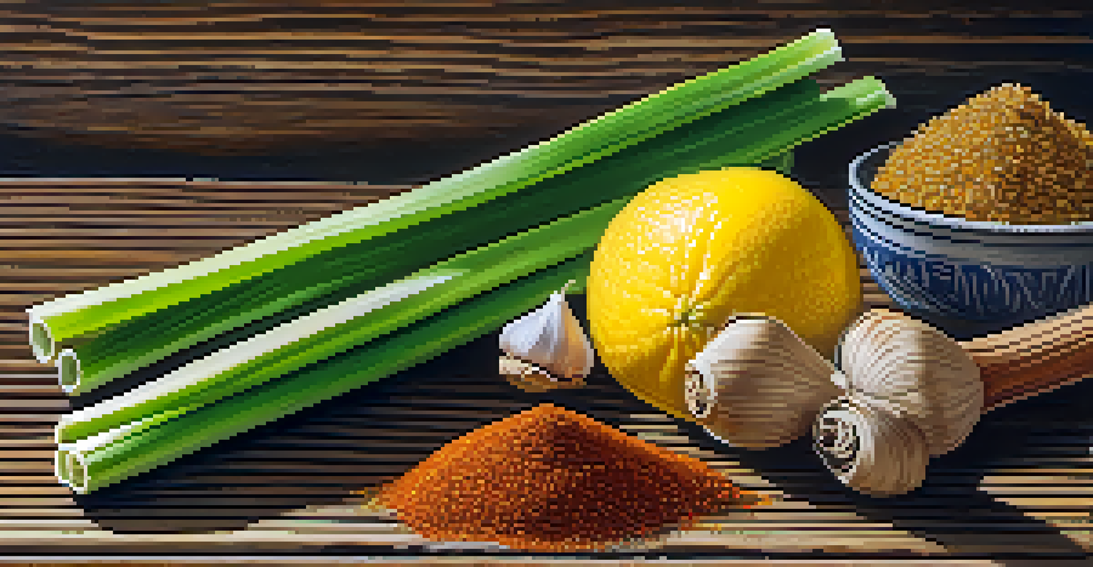 A close-up of unique immigrant ingredients including lemongrass and tamarind, arranged on a textured wooden background, showcasing their vibrant colors.