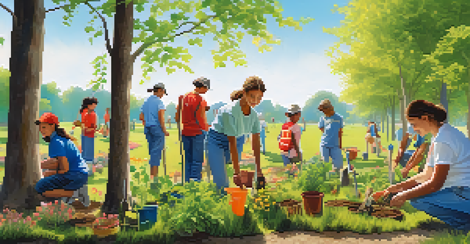 Volunteers of all ages planting trees in a park, with tools and saplings around them, under a clear blue sky and surrounded by greenery.