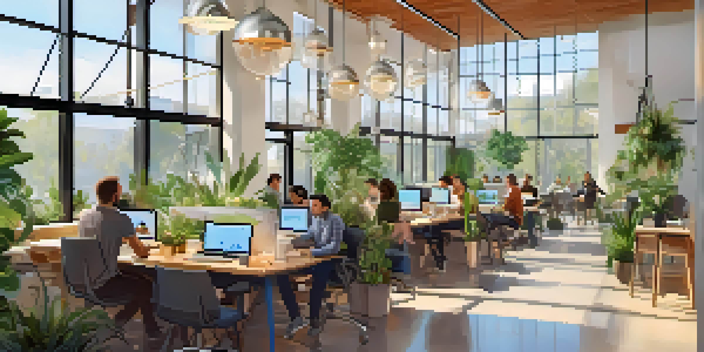 A bright co-working space with diverse professionals collaborating and working together in a modern environment.