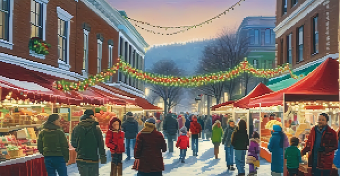 A lively holiday market filled with local artisans, families enjoying the festive atmosphere, and colorful decorations.