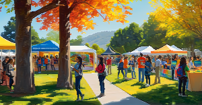 A lively outdoor tech education fair in Cupertino with students interacting at STEM booths under sunlight.