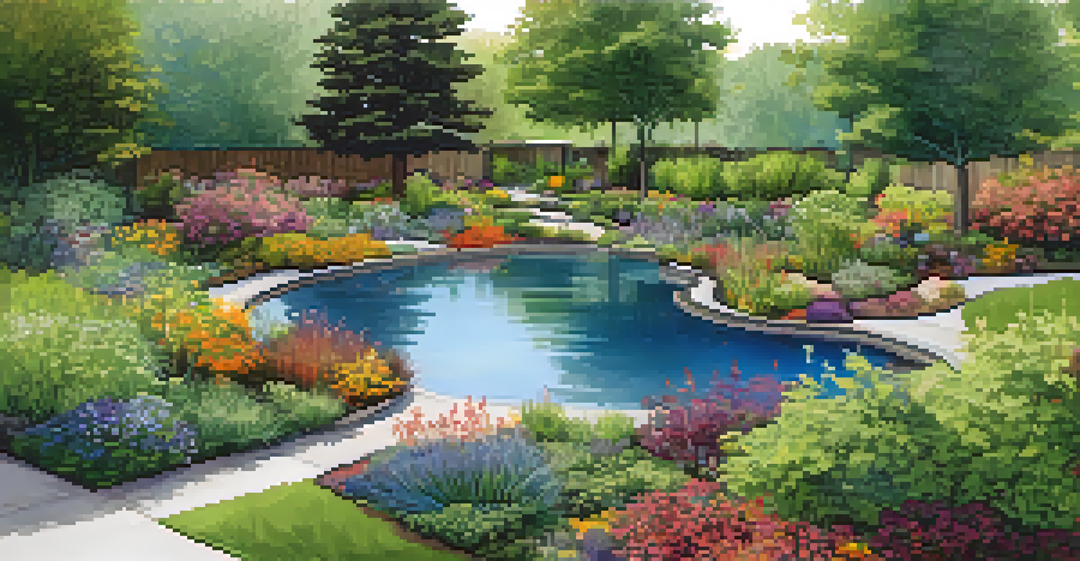 An aerial view of a sustainable landscape featuring permeable pathways, a rain garden, diverse plants, and a small pond.