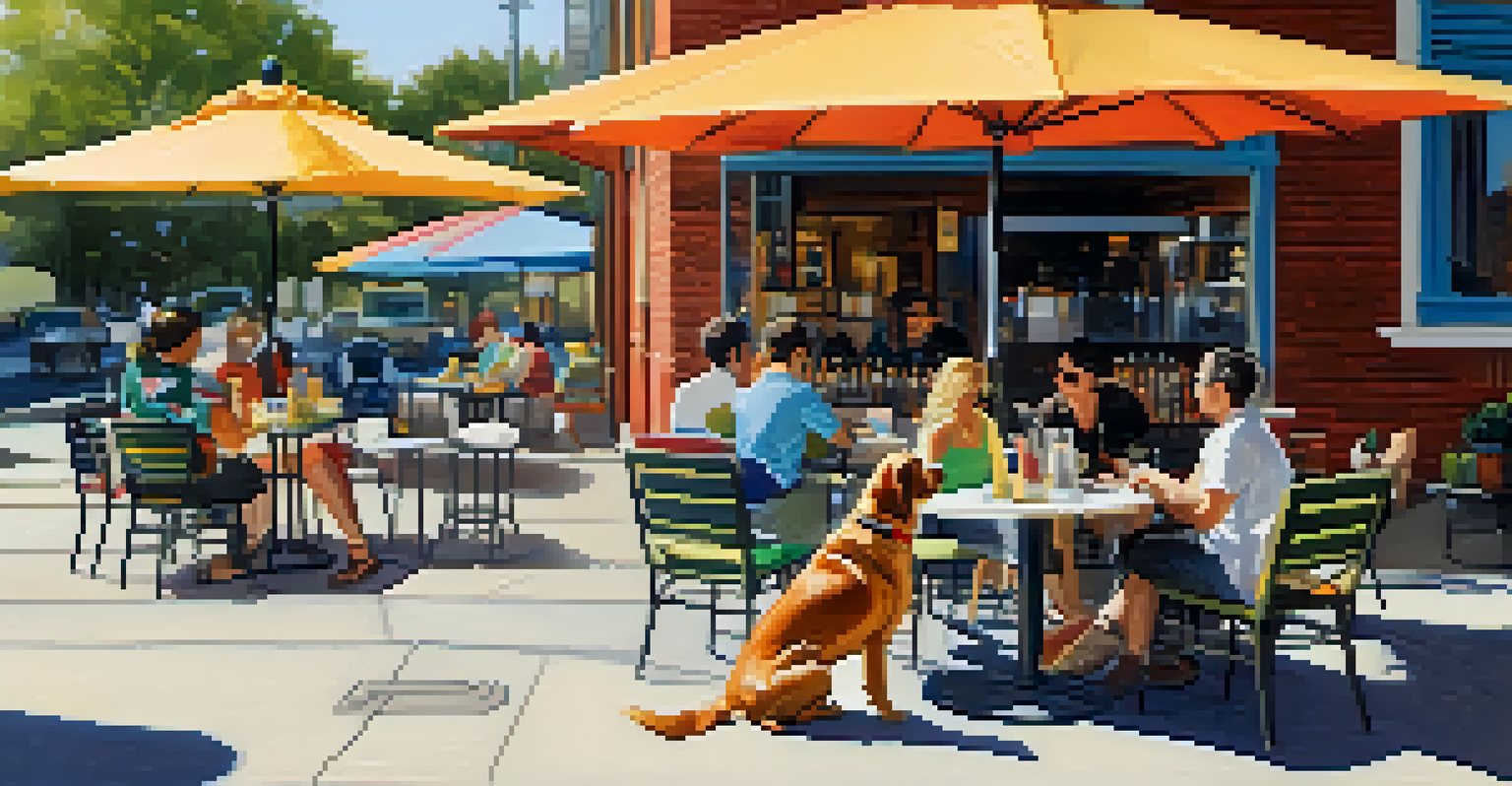 Dogs relaxing on a sunny patio outside a cafe, with pet owners enjoying drinks and pet amenities around.
