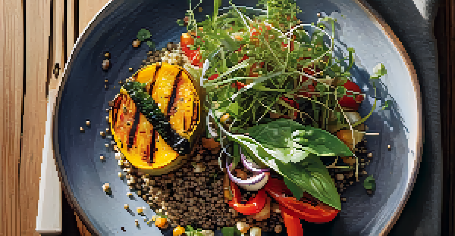 An artistic close-up of a colorful vegan dish beautifully plated on a rustic wooden table.