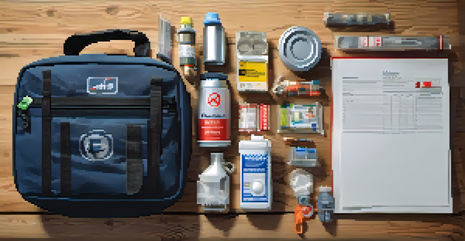 A close-up of a disaster supply kit with essential items like water, first aid supplies, and flashlights.
