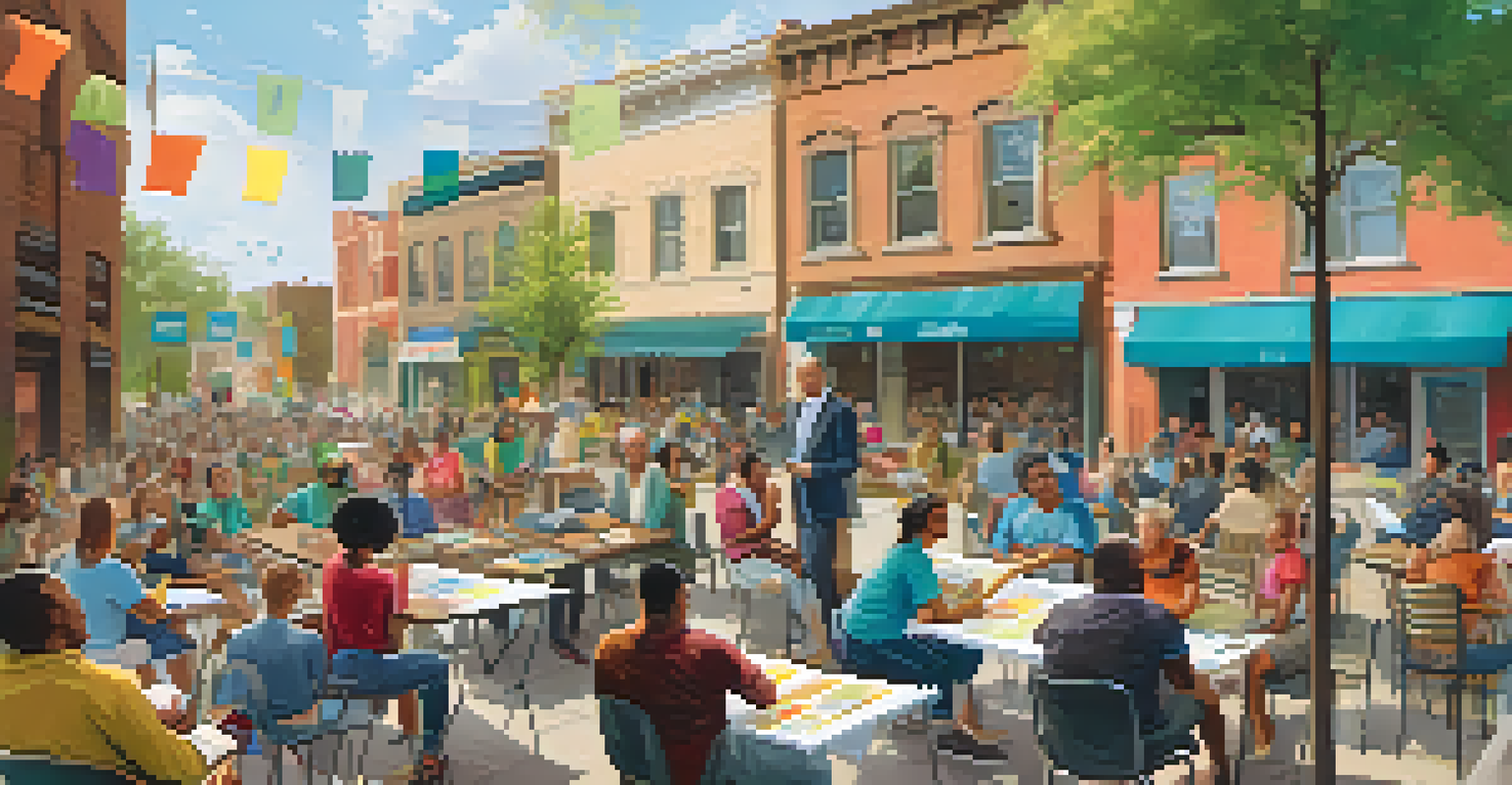 Residents gathered at an outdoor community workshop, engaging in discussions around urban planning, with colorful banners in the background.