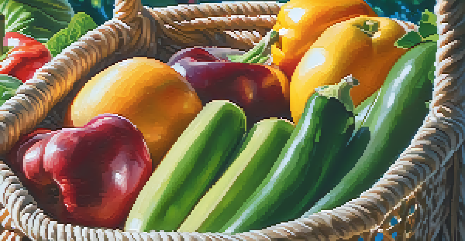 A colorful reusable shopping bag filled with fresh produce at a farmer's market in Cupertino, with sunlight streaming through the market tents in the background.