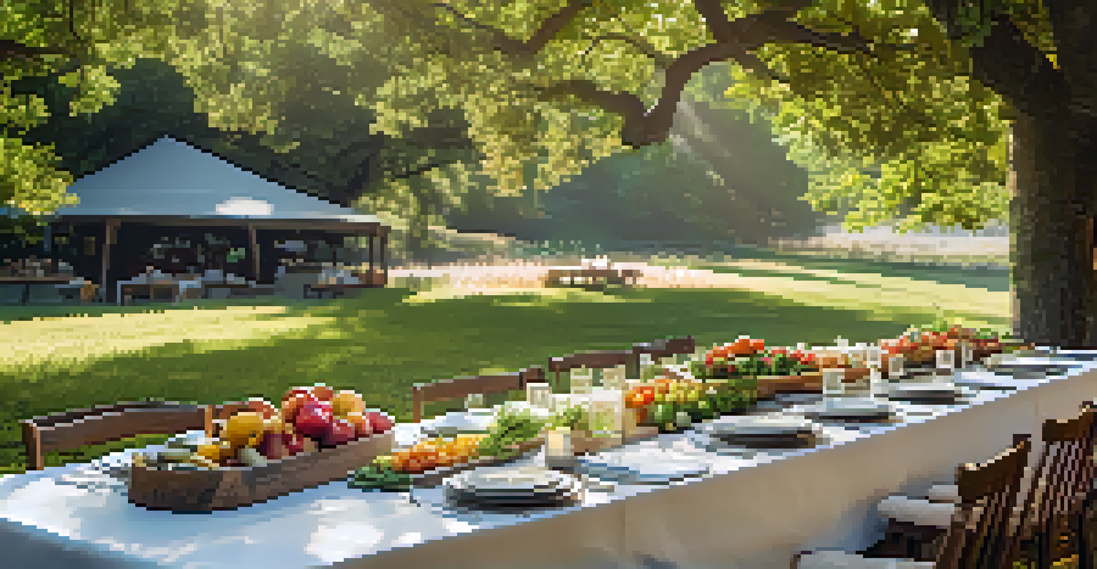 An outdoor dining table set with seasonal produce and dishes, highlighting a farm-to-table dining experience.