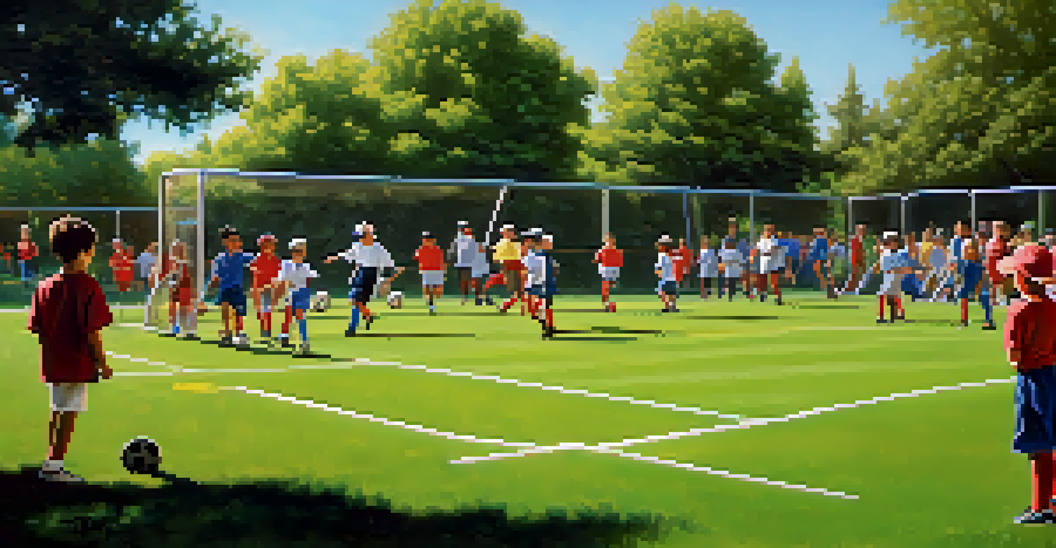 Children practicing soccer at Cupertino's Little League, with coaches demonstrating skills and parents cheering in the background.