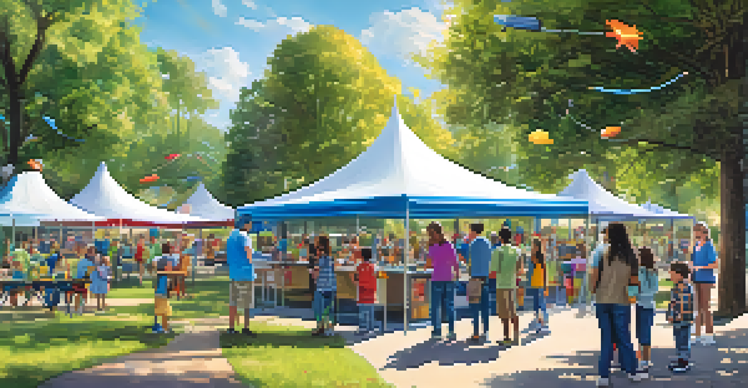 Families enjoying a community science fair in a park with various STEM exhibits and activities.