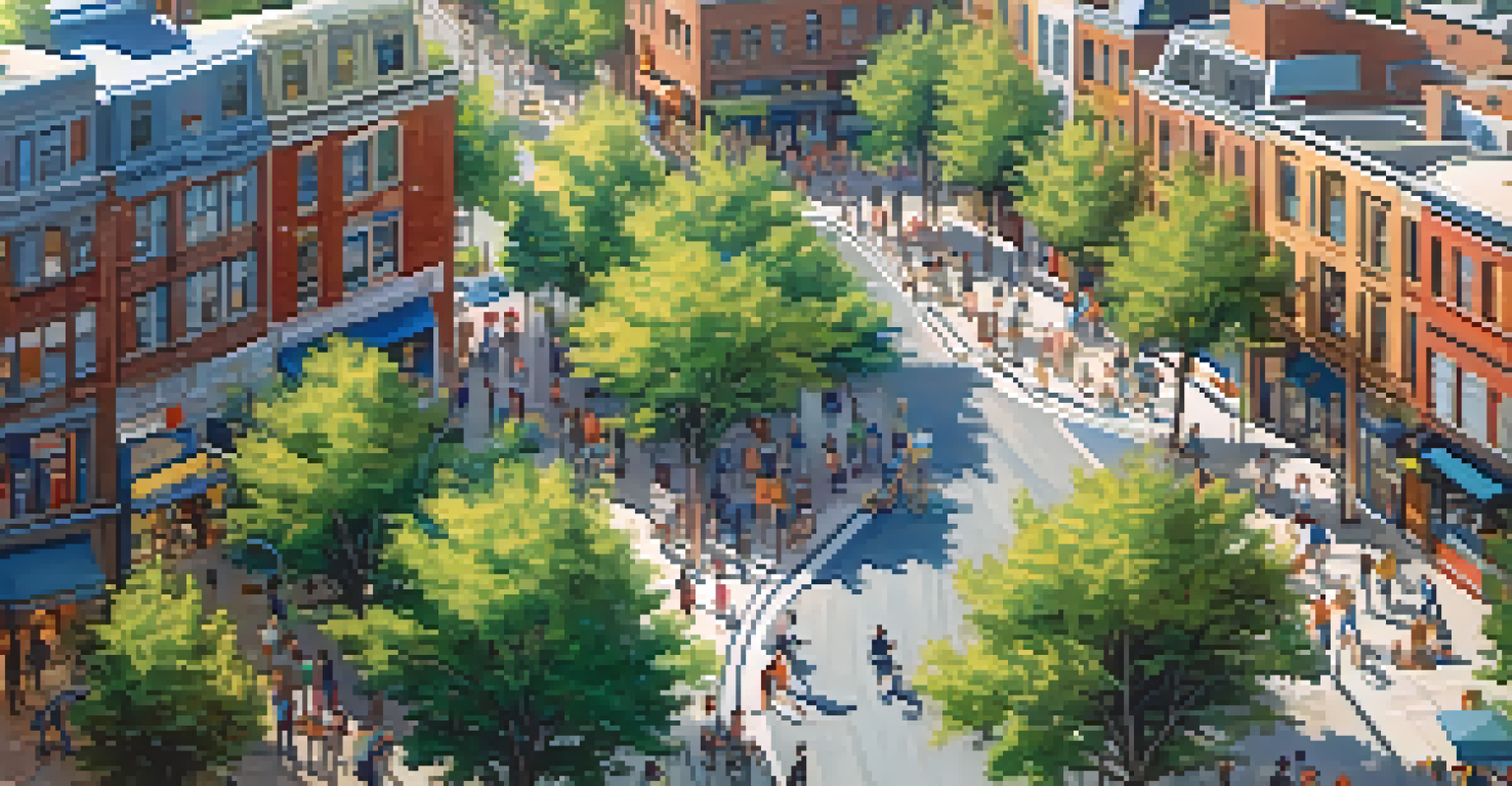 Aerial view of a lively urban neighborhood filled with green spaces, pedestrians, and vibrant street art, set under a clear blue sky.