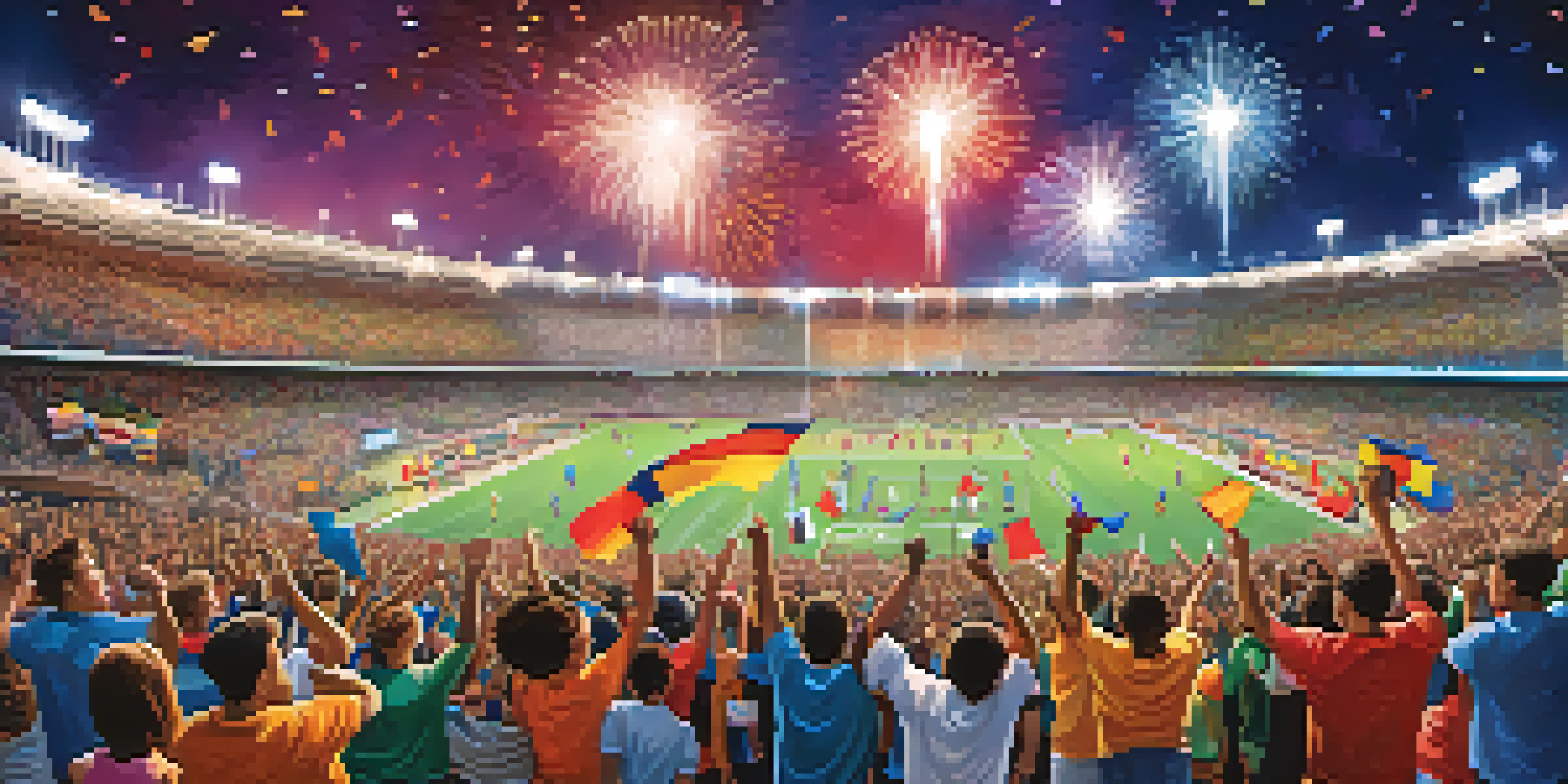 A lively sports event with a diverse crowd of fans in colorful jerseys cheering in a packed stadium under bright lights.