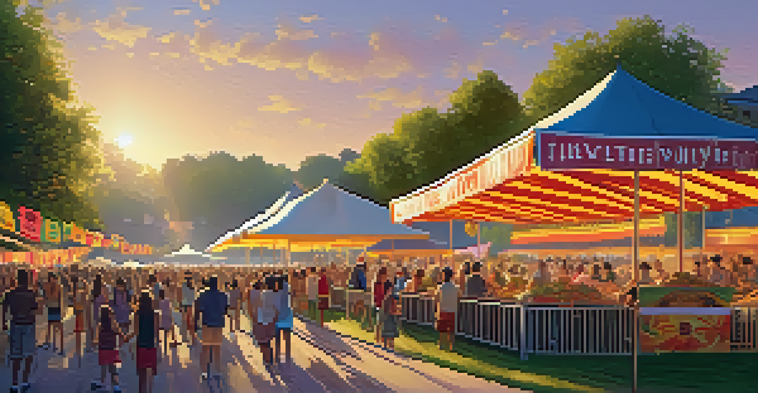 A local music festival in a park, featuring a stage, colorful banners, food stalls, and a joyful crowd during sunset.