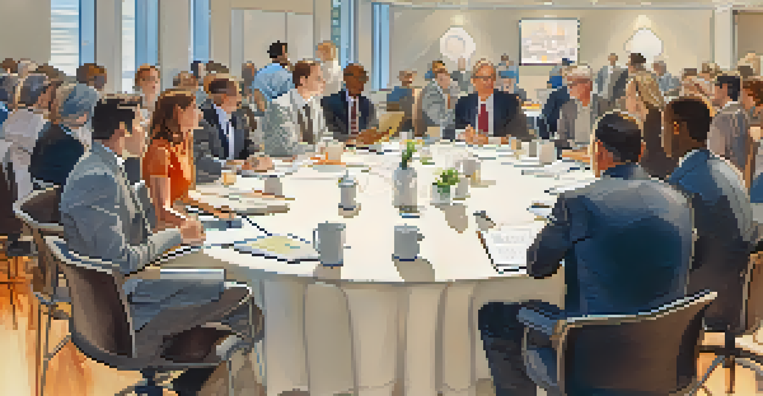 A group of professionals engaged in a workshop at a networking event, with a speaker in the background and notes on the table.