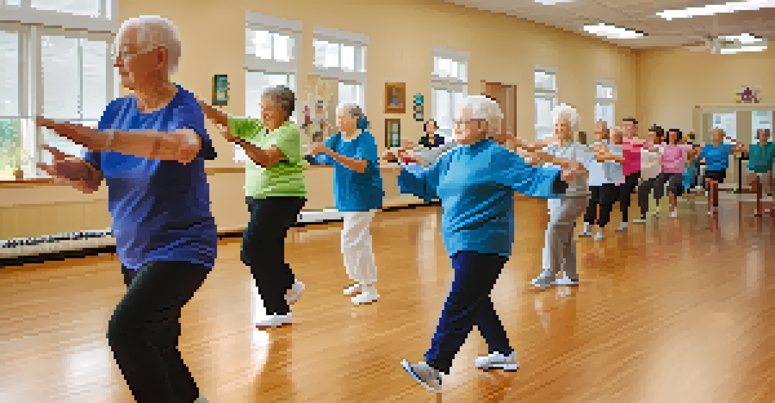 Seniors participating in a tai chi class in a bright and welcoming community center.