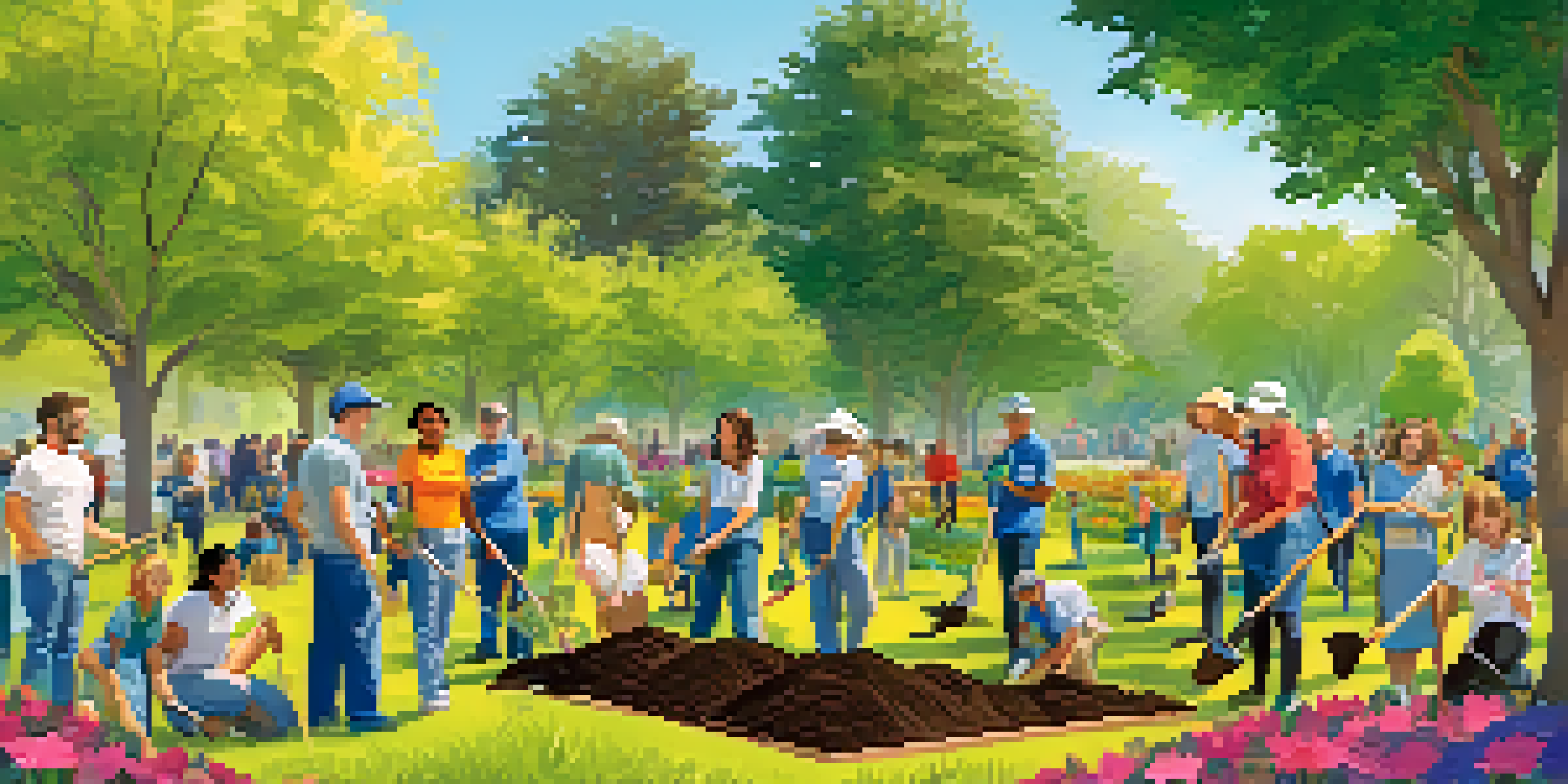 Volunteers planting trees in a sunny park during a community green initiative event.