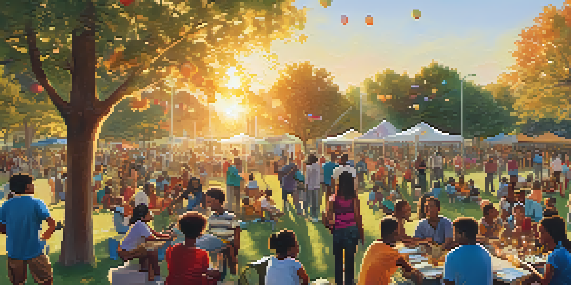 A diverse group of people engaged in discussions at a community gathering in a park during sunset.