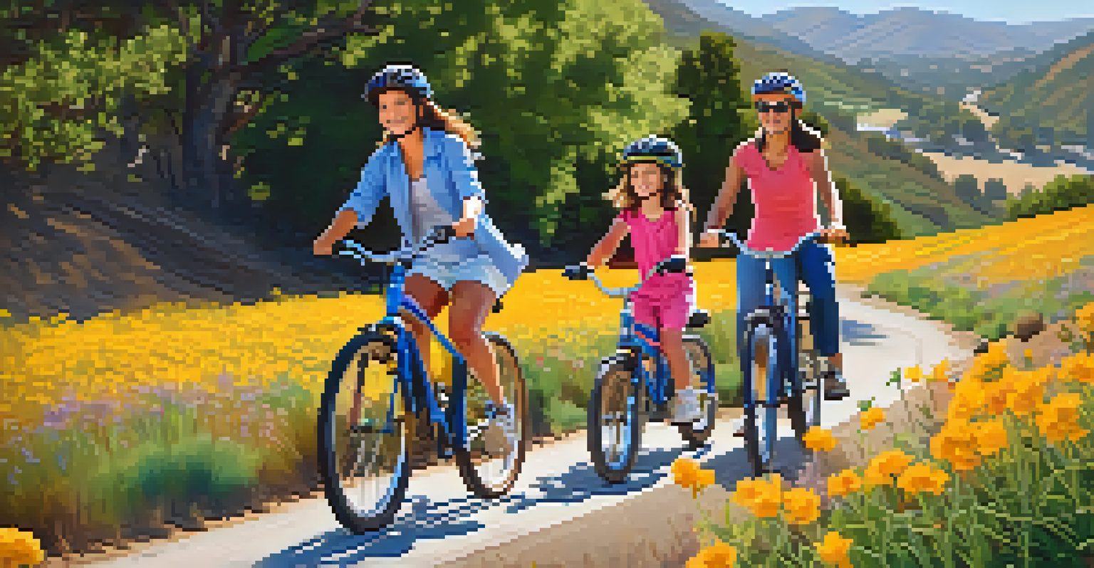 A family biking together on a scenic trail, surrounded by hills and wildflowers under a blue sky.