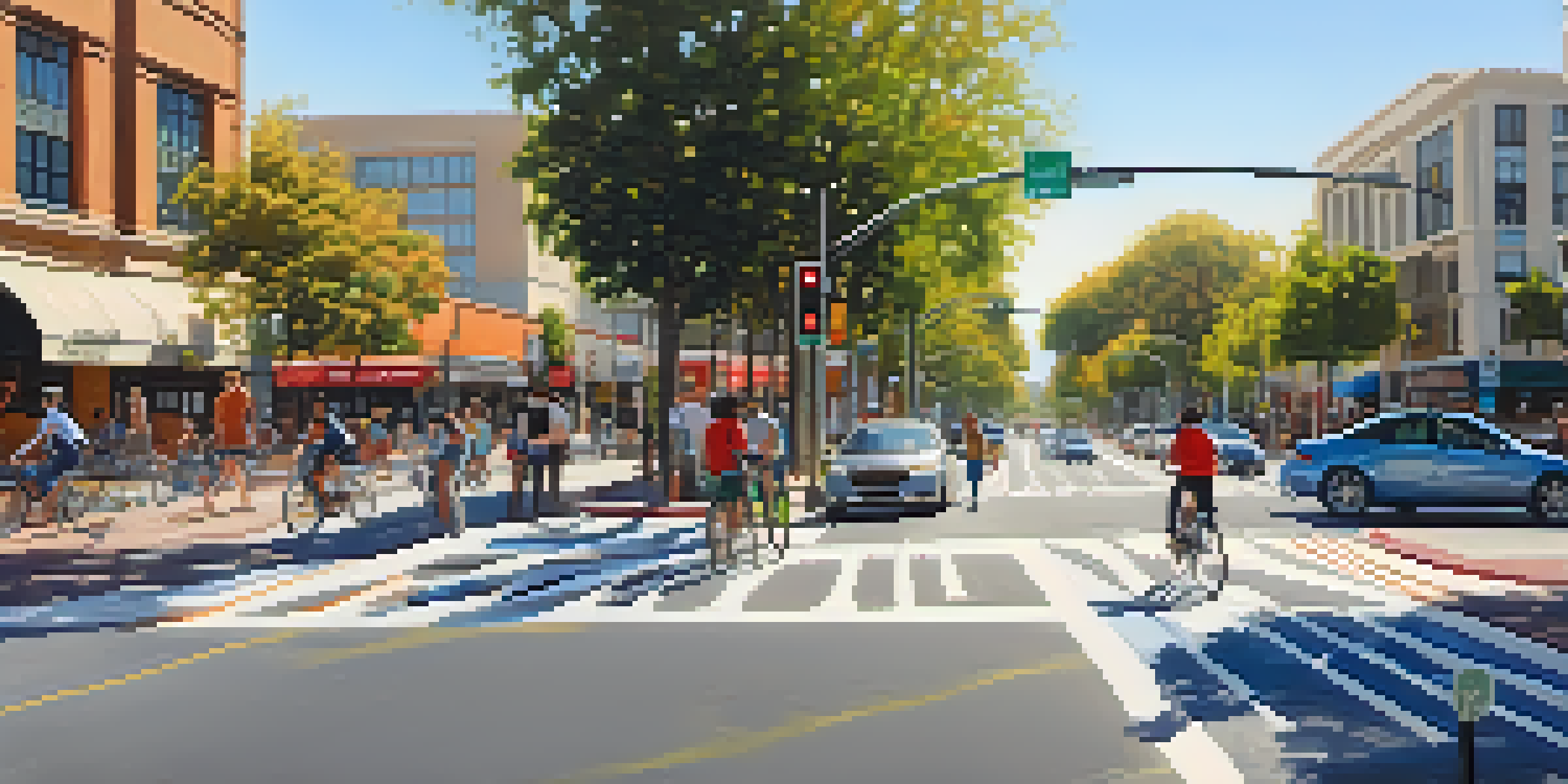 A busy street in Cupertino with pedestrians, cyclists, cars, and modern buildings, illuminated by afternoon sunlight.