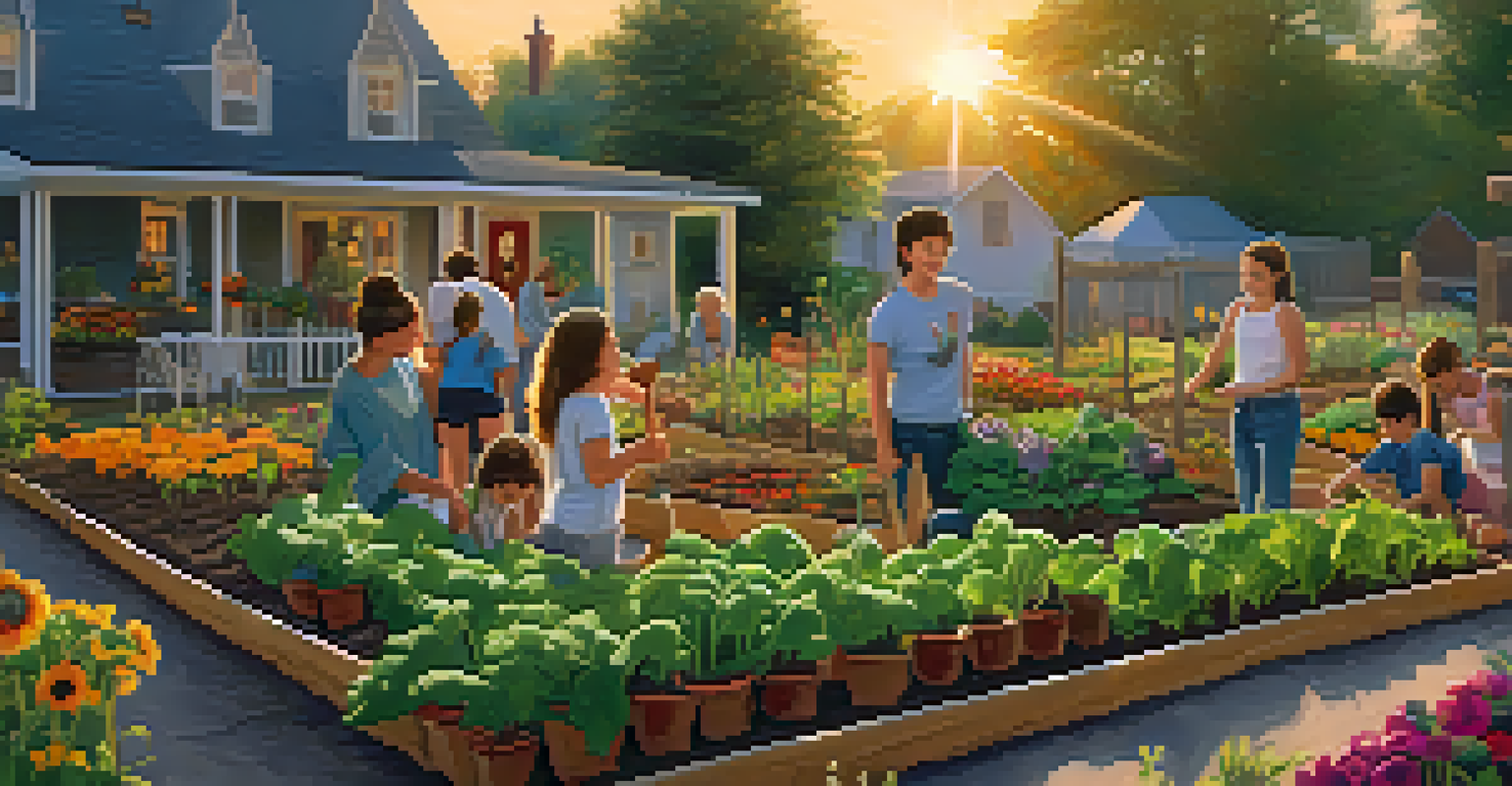 A family planting vegetables in a colorful community garden during sunset.