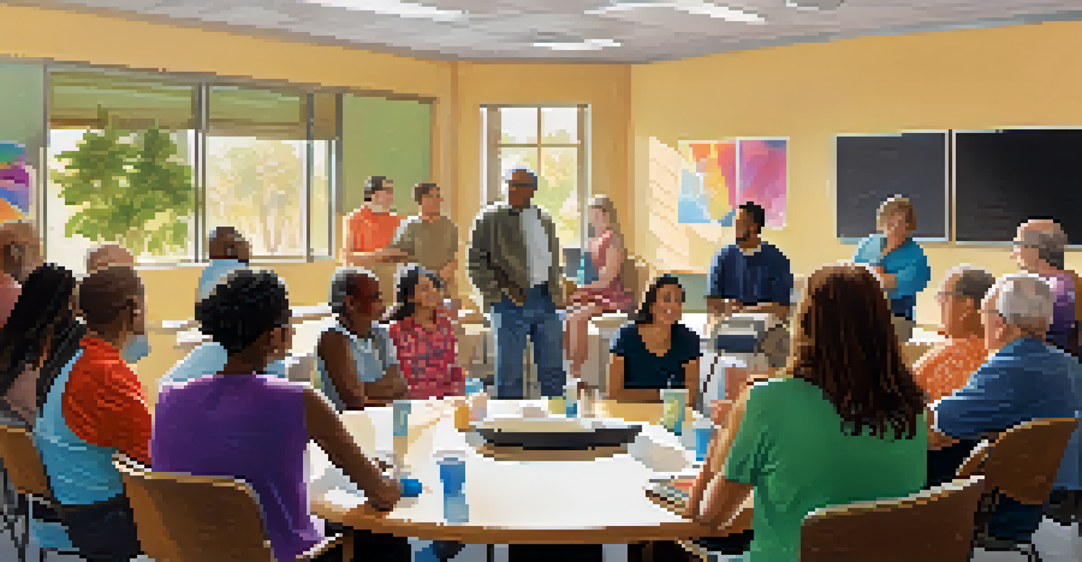 A community support group meeting in a bright room, with diverse participants sitting in a circle and discussing.