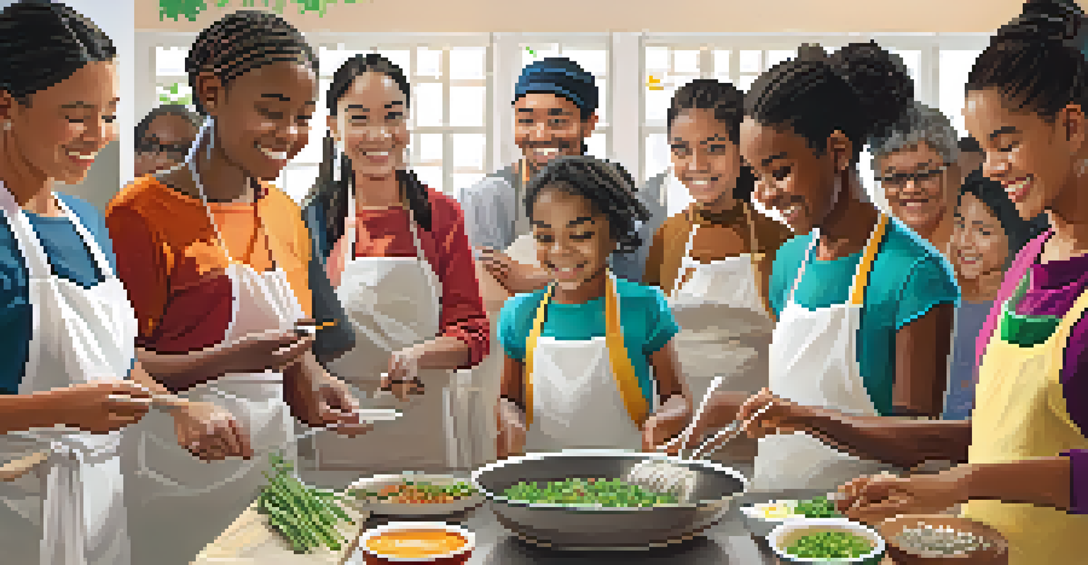 A cooking workshop with diverse participants enjoying and learning to make dishes from various cultures.