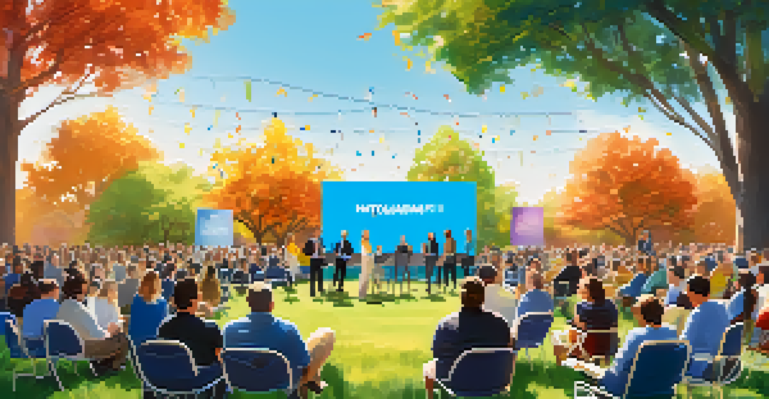 A startup pitch event in a park with entrepreneurs presenting to investors, surrounded by greenery.