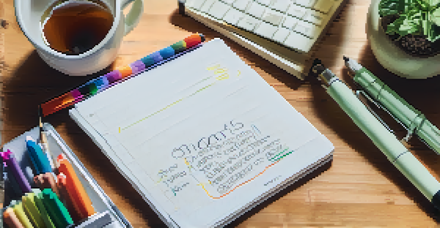 A hand writing on a notepad with 'SMART Goals', surrounded by pens, a laptop with graphs, and a cup of tea.