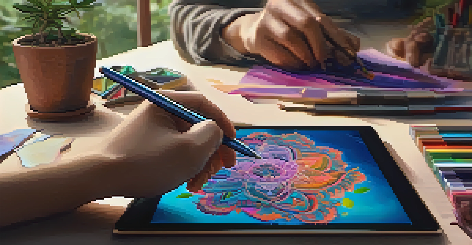 An artist using a digital tablet to create vibrant artwork in a well-lit and colorful workspace.