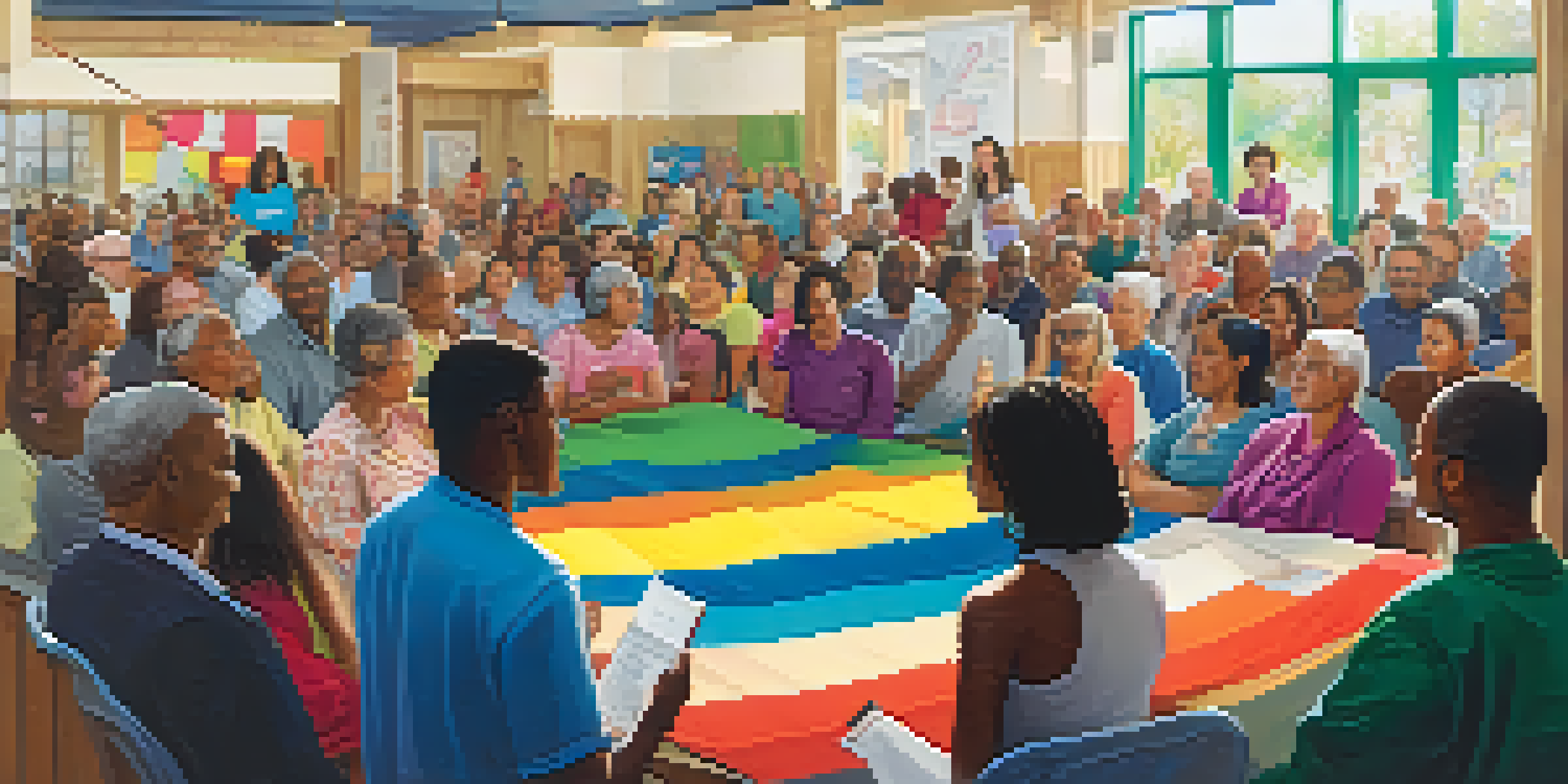 A lively town hall meeting where diverse citizens are participating in discussions about civic education, with colorful banners and natural light.